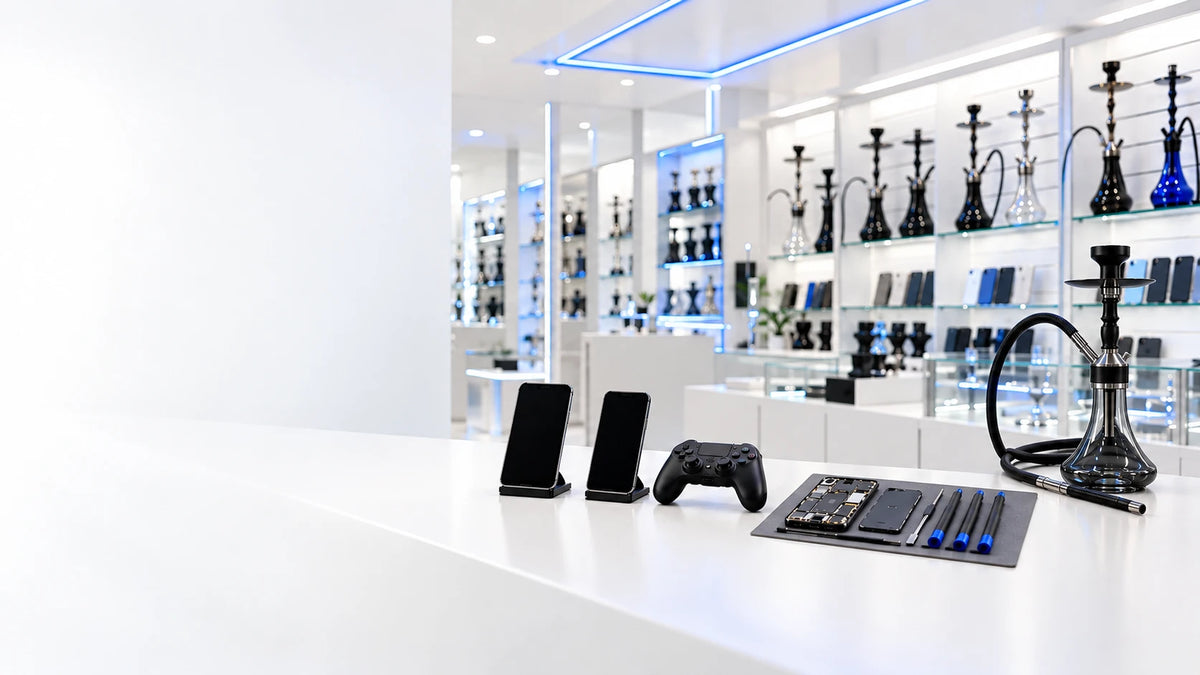 Smartphones, manette de jeu, poste de réparation et chicha sur un comptoir blanc, dans une boutique lumineuse