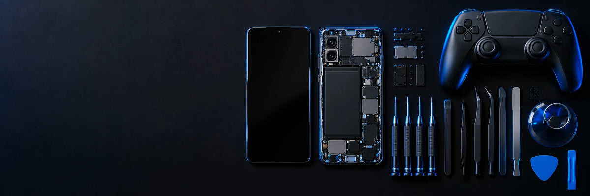 Smartphone démonté, manette de console et outils de réparation de précision